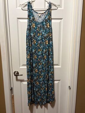Terra & Sky Blue Floral Midi Dress with Yellow Accents